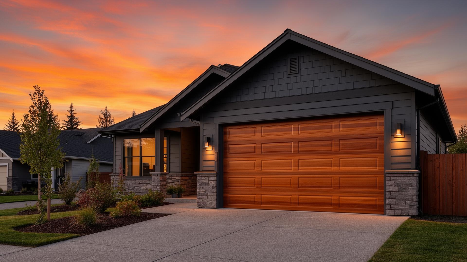 Beautiful wood garage door on modern home